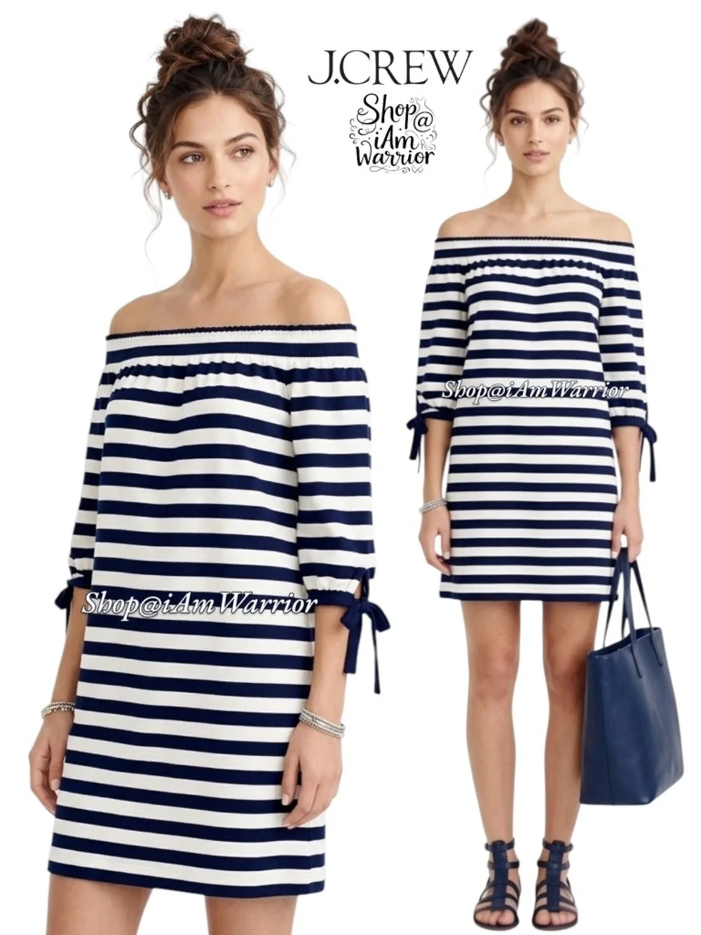 J.Crew off the shoulder navy & ivory striped tie sleeve dress *shop@iamwarrior